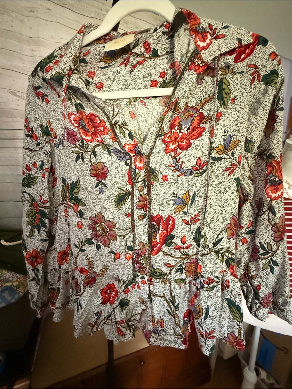 Anthropologie Maeve Floral Button-Front Blouse in White with Red & Green Accents